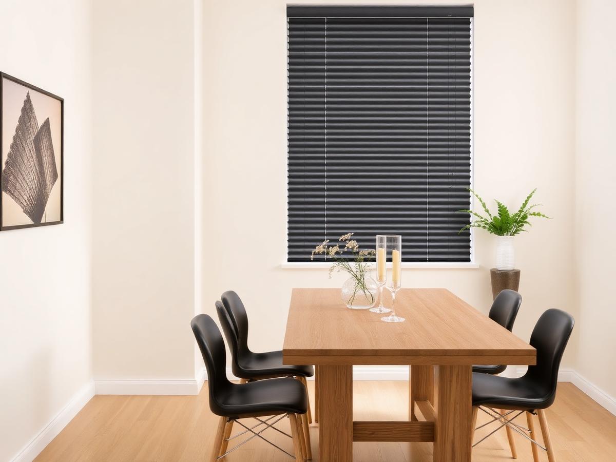 Charcoal aluminium venetian blinds in a modern dining room