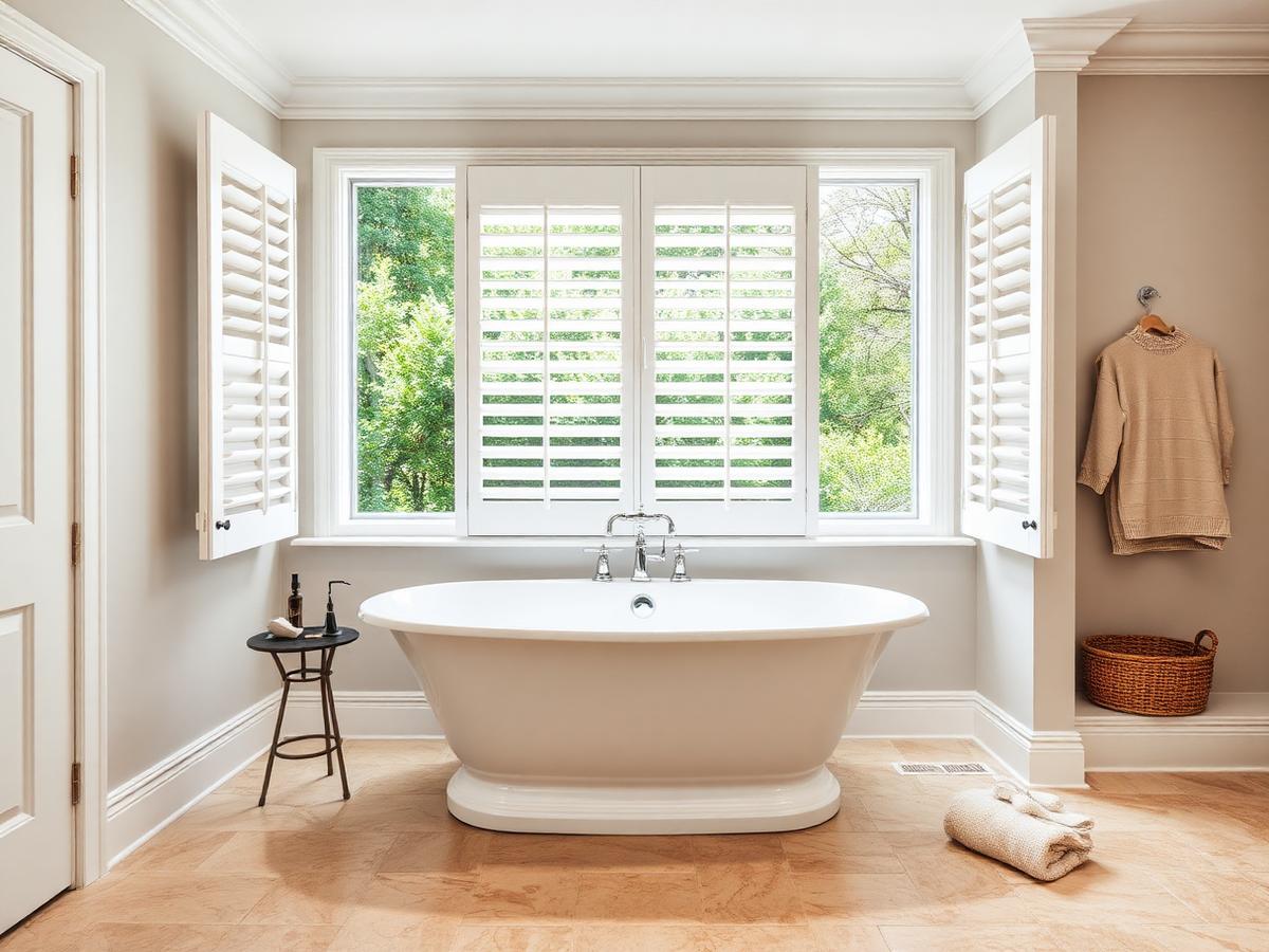 White shutters fitted above a freestanding bath