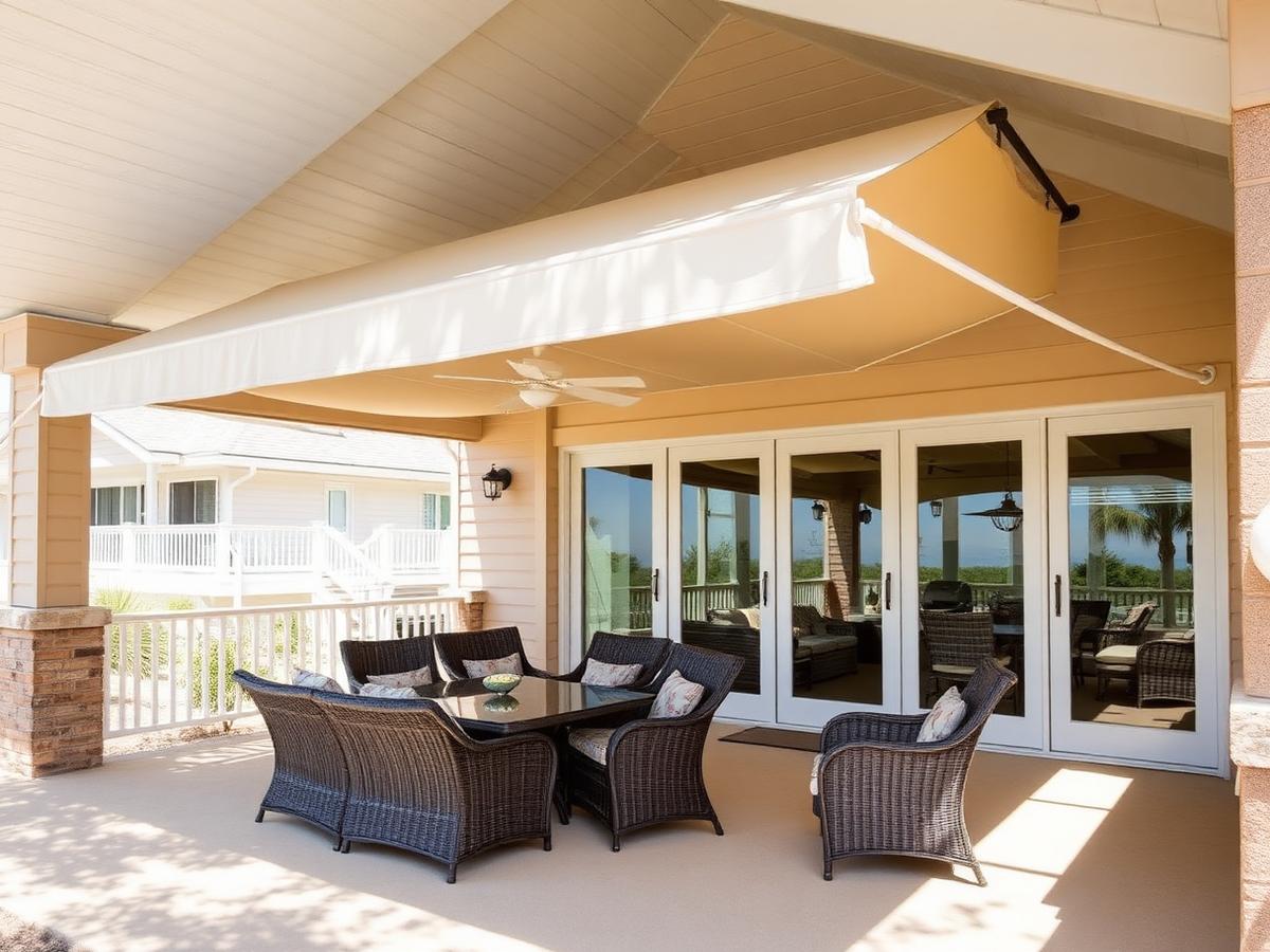 Retractable canvas awning shading a coastal patio