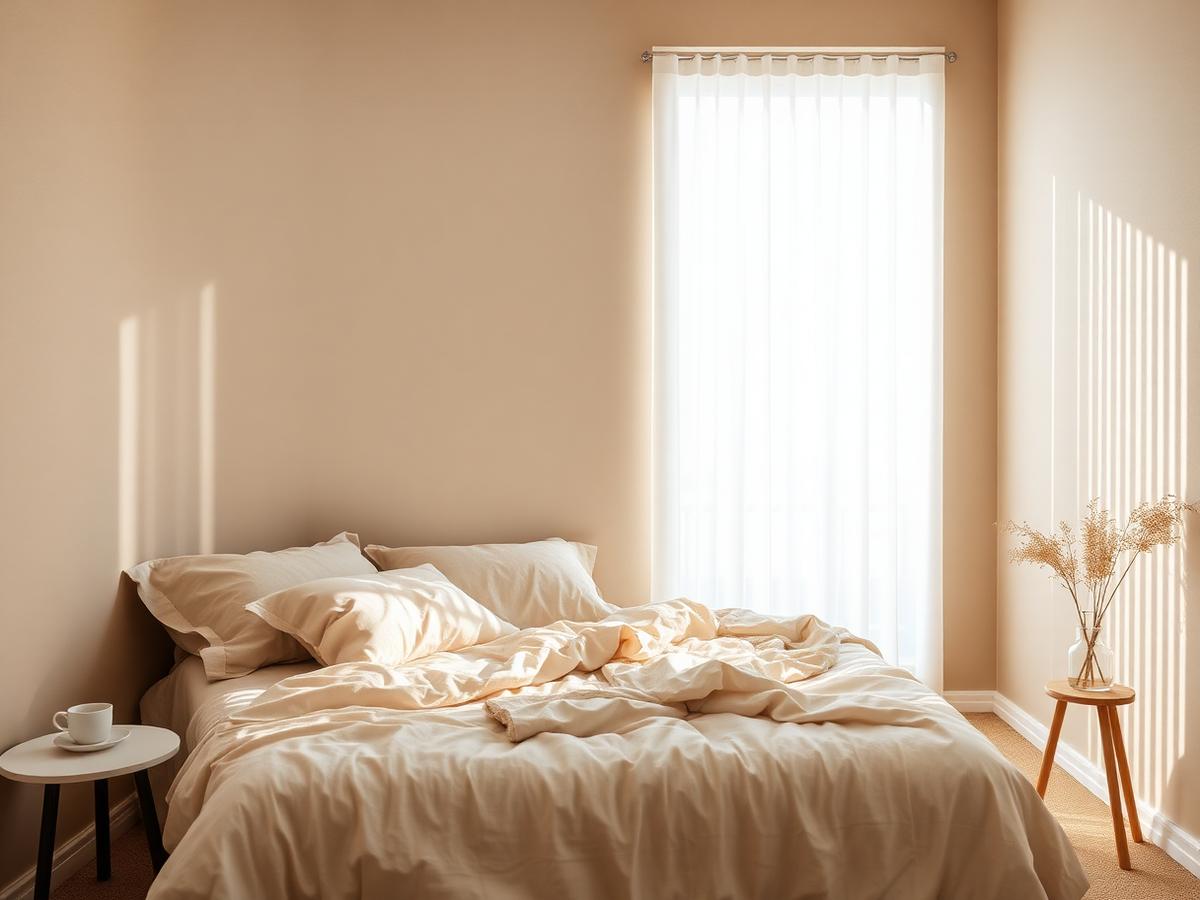 Sheer vertical blinds filtering light in a neutral bedroom