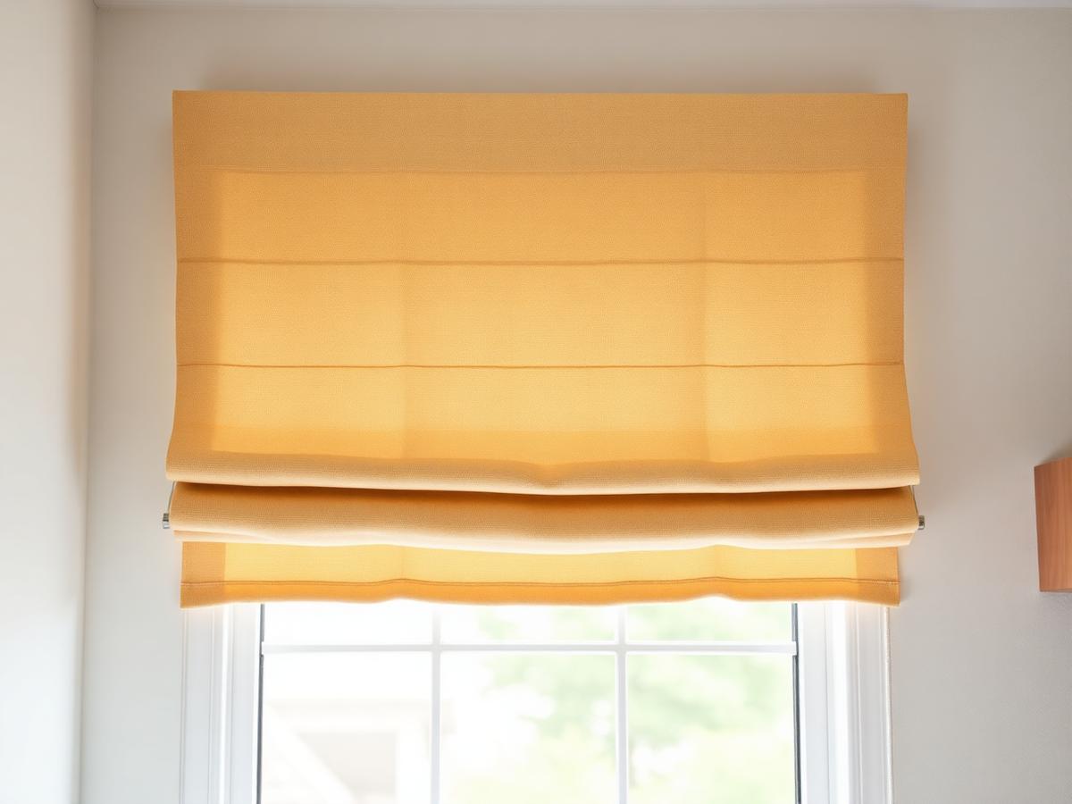 Roman blind in warm linen fabric above a kitchen window