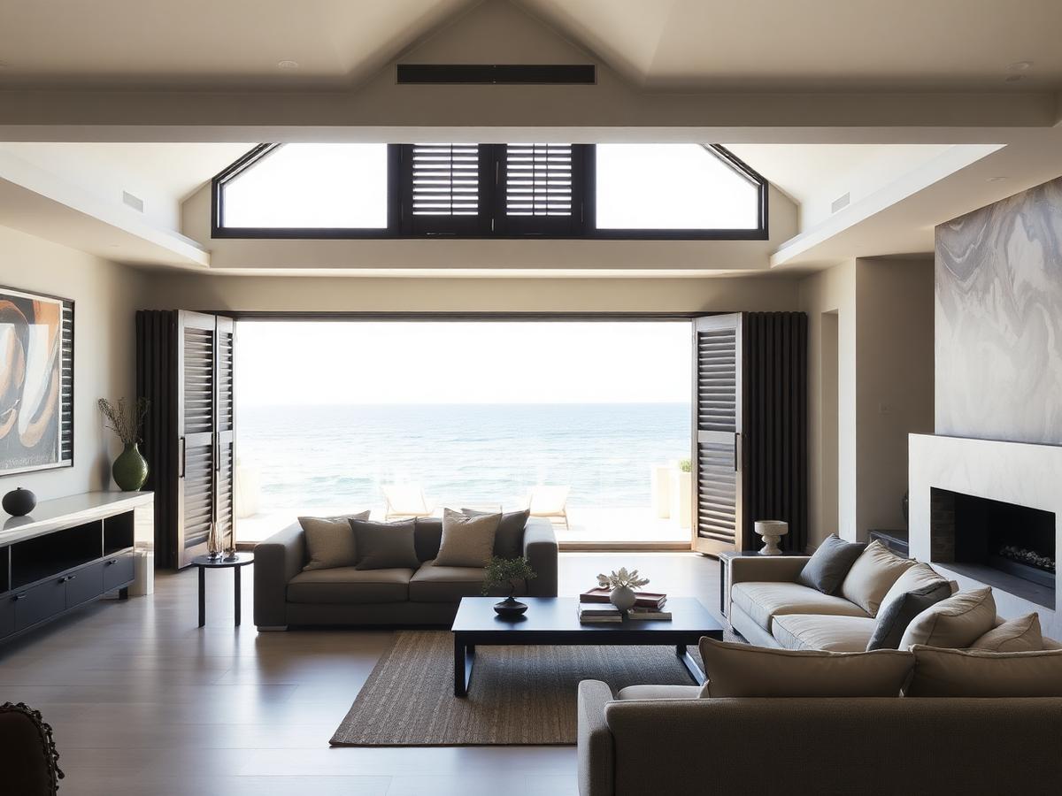 Dark timber shutters folded back in an open-plan sea-facing lounge