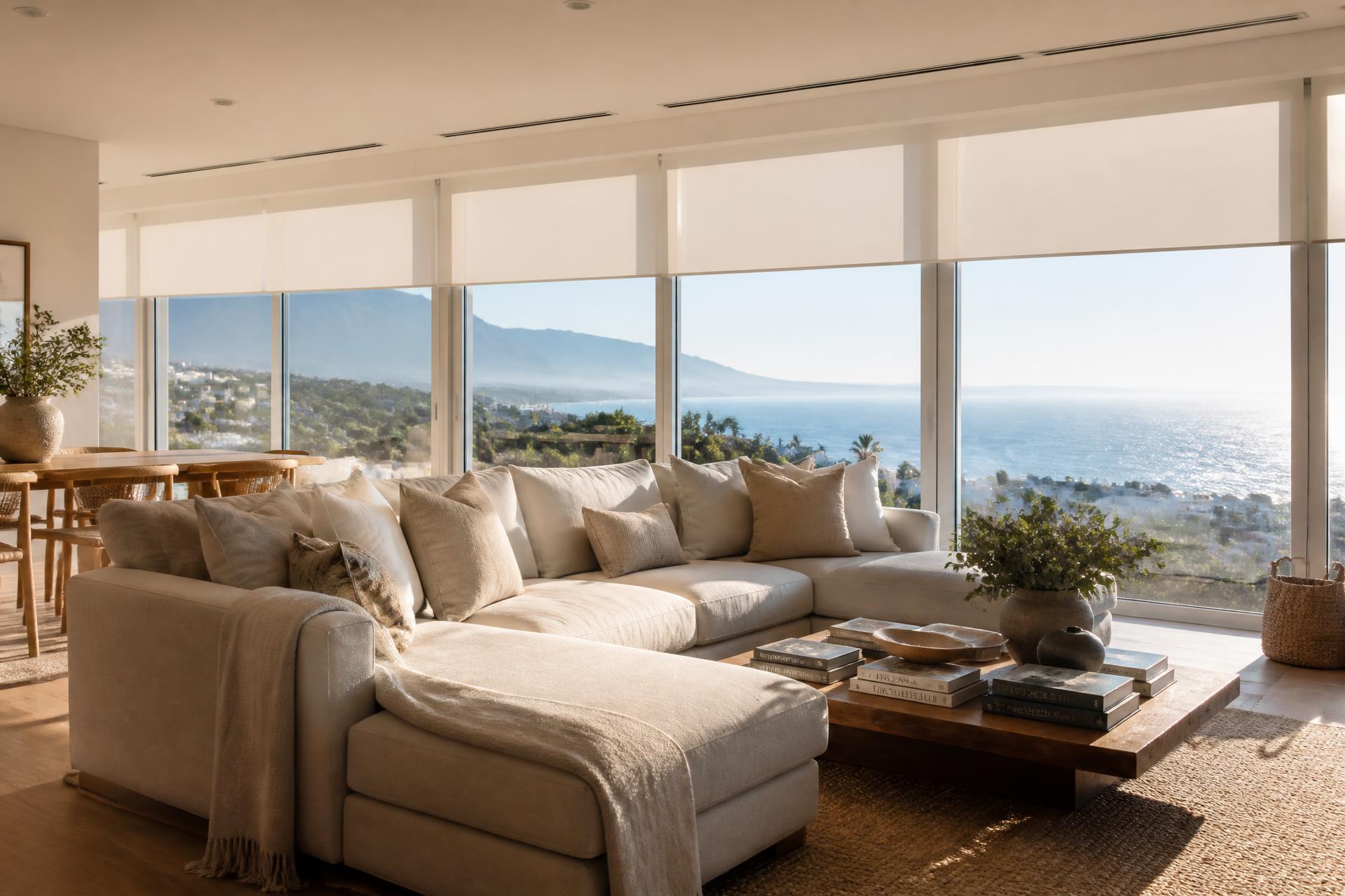 Elegant living room in a Ballito home with neutral blinds filtering coastal light