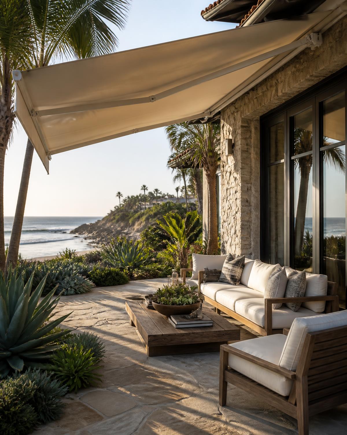 Canvas awning shading a patio at a coastal home