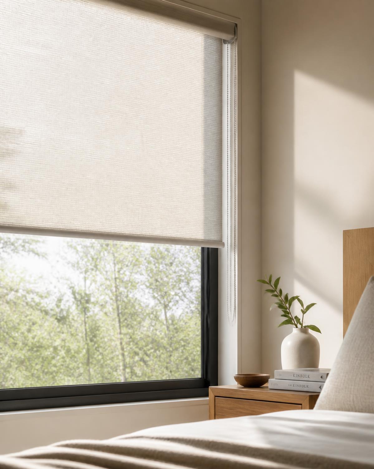 Roller and venetian blinds fitted in a bright coastal living room