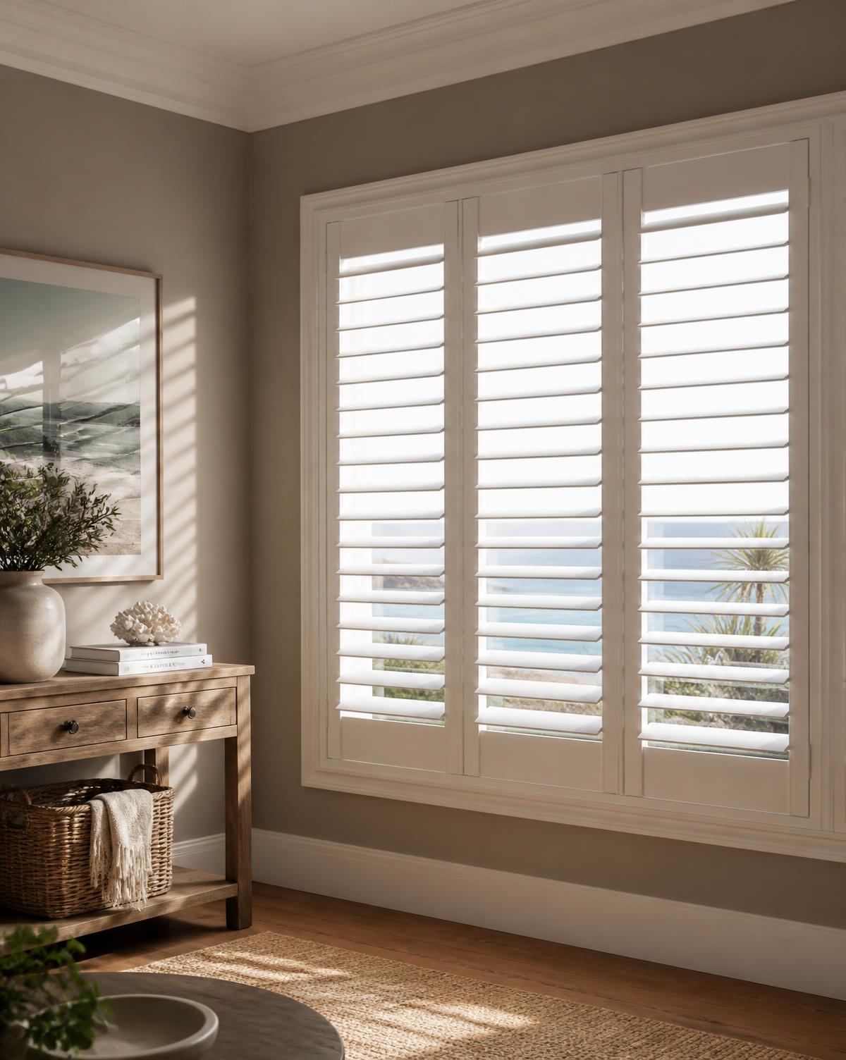 White plantation shutters framing a bedroom window